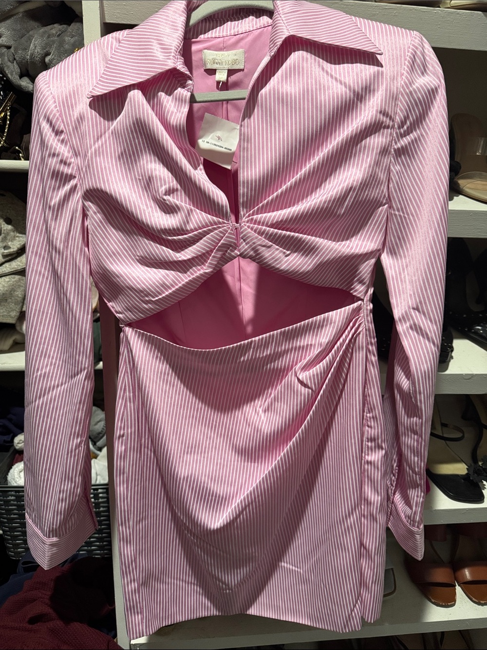 Brand NEW Torn by Ronny Kobo Pink Striped Cutout Shirt Dress